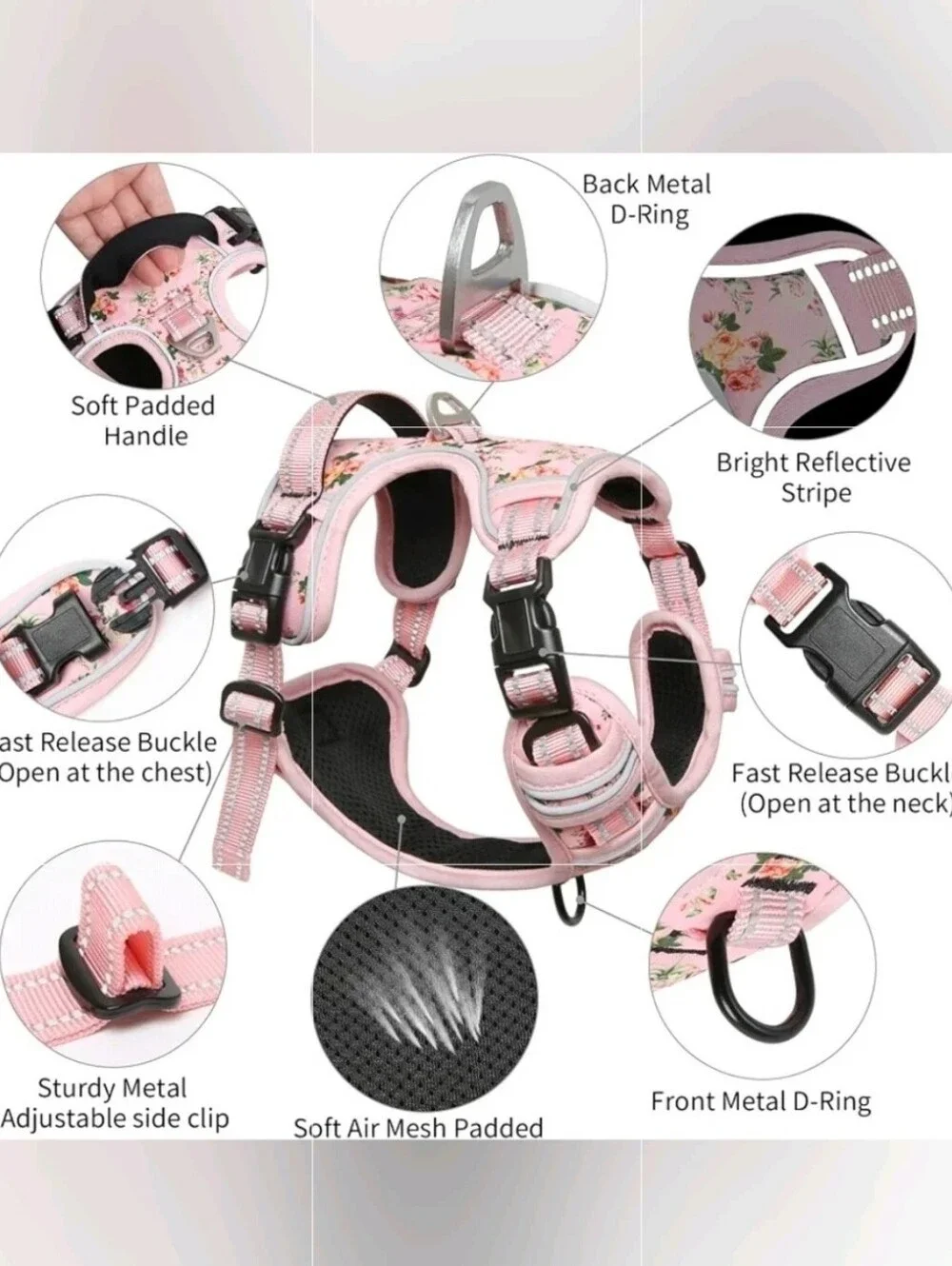 Timos Dog Harness, No Pull No Choke, Easy On & Off, Flower Pink, Small